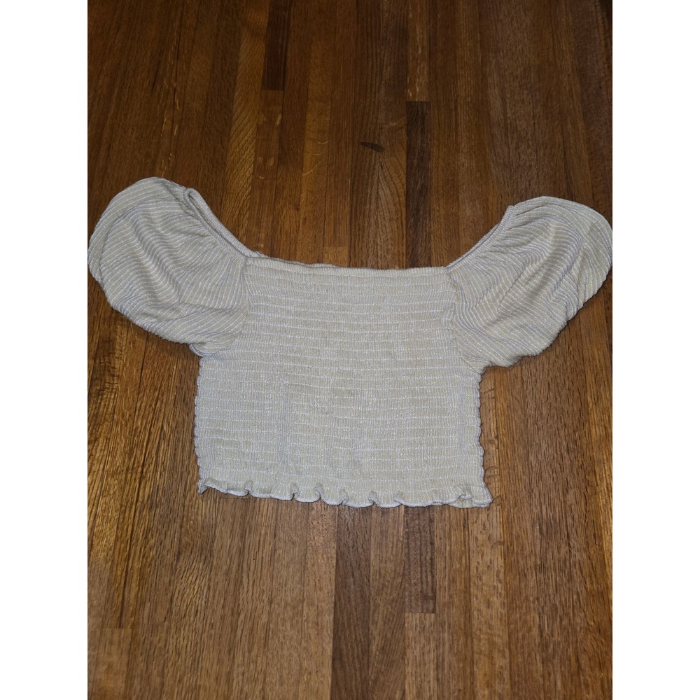 Caution To The Wind Women Small Yellow White Smocked‎ Puff Sleeve Crop Top